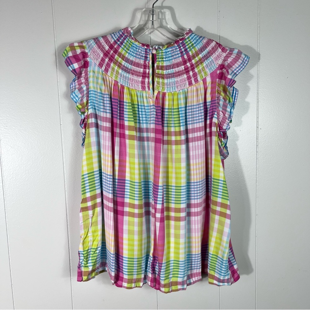 Crown & Ivy Colorful Plaid Smocked Stretch High Neck Blouse XL Ruffle Spring - Picture 3 of 5